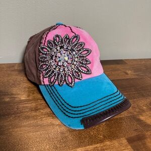 Olive & Pique Bling Hat Cap Adjustable Rhinestone Floral